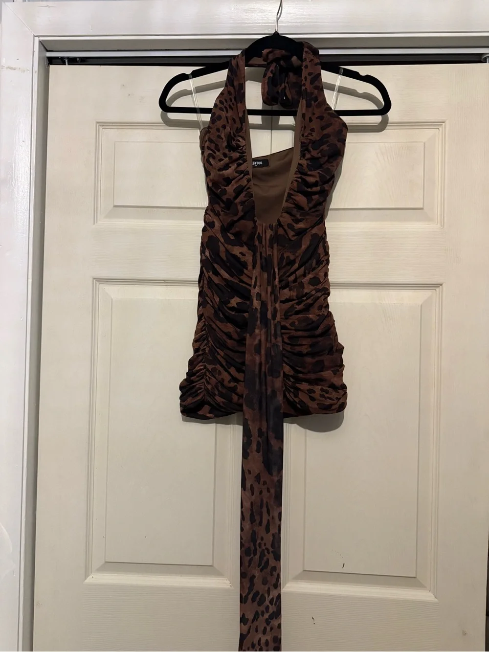 Babyboofashion Brown Leopard Print Ruched Halter Dress - Women